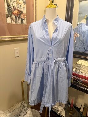 NWOT Light Blue Long Sleeve Shirt Dress with Sleeve Embroidery